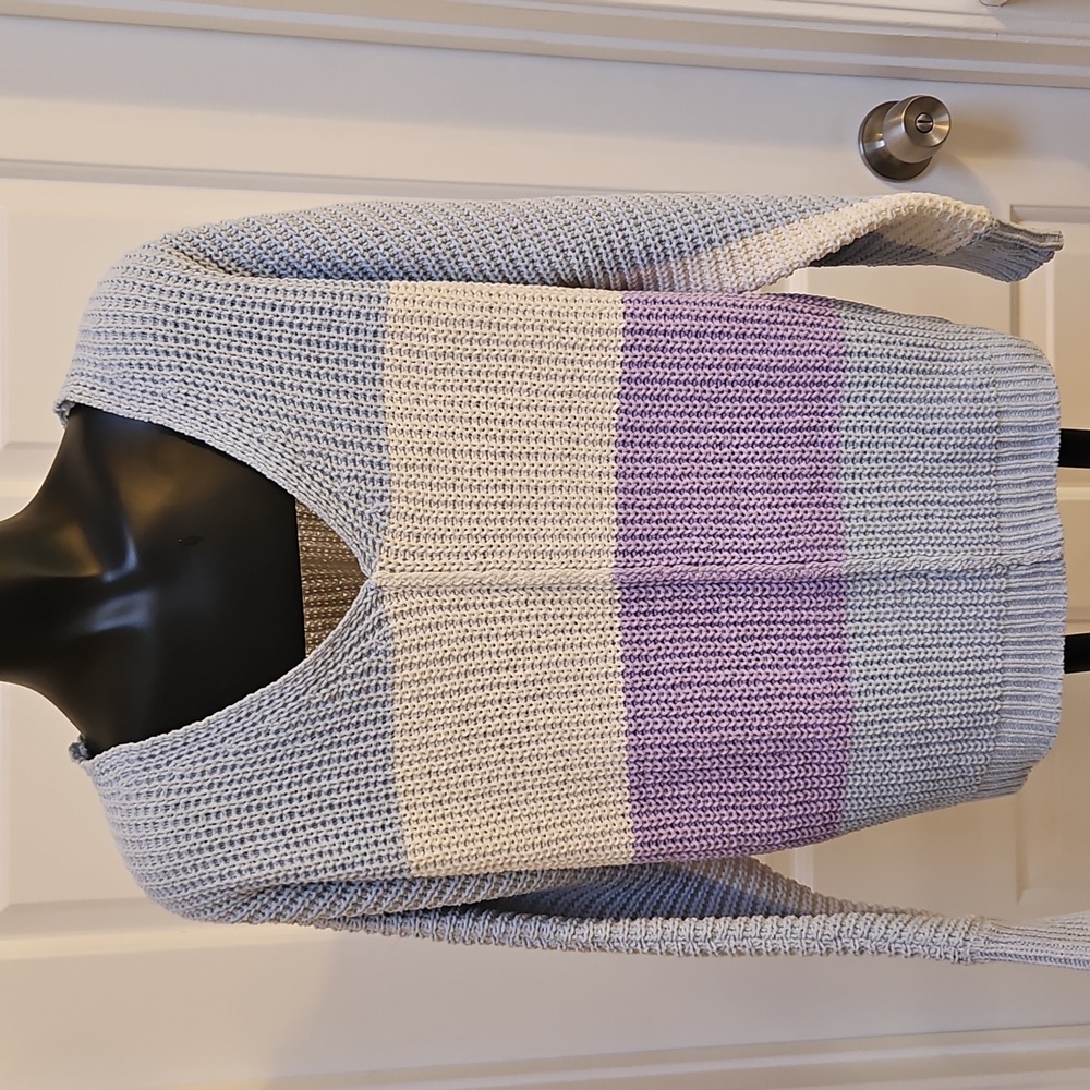 NO COMMENT Striped Knit Color Block Sweater in Blue and Purple - L